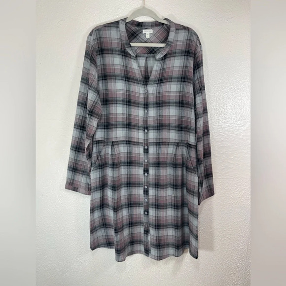 Garnet Hill NWOT Organic Cotton Plaid Lightweight Gauze Shirt Dress Size 14
